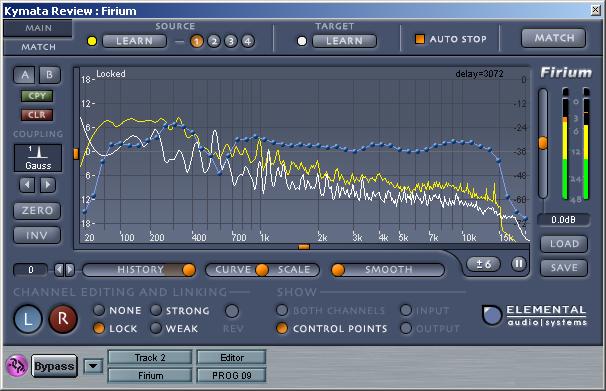 Yellow trace = source audio. White = target. Blue = correction curve generated by Firium